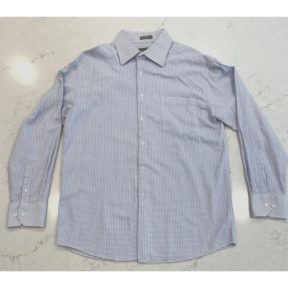Estate Brand Mens Button Up Dress Shirt Blue & White Checked Sz XL 17 - 17 1/2